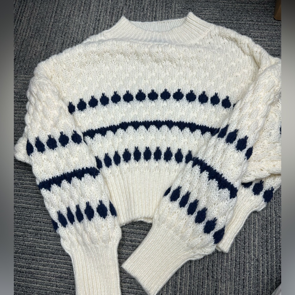 Women's Cream Crewneck Sweater with Navy Pattern